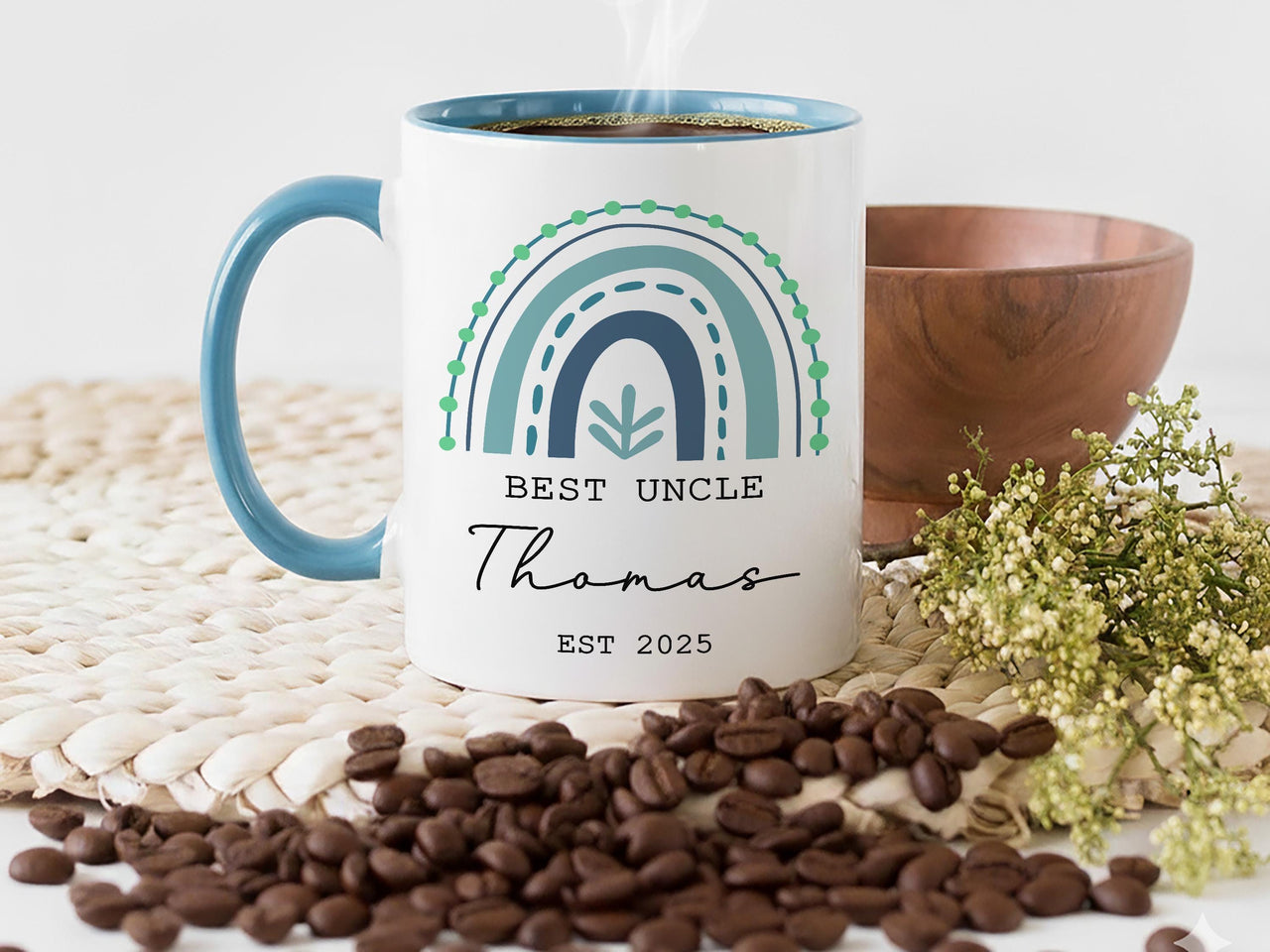 Best Uncle Personalised Mug – Name and EST. 2025 with Rainbow Motif – New Uncle Announcement and Baby Shower Gift