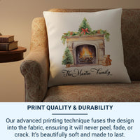 Personalised Family Christmas Cushion - Cosy Fireplace Design with Family Name