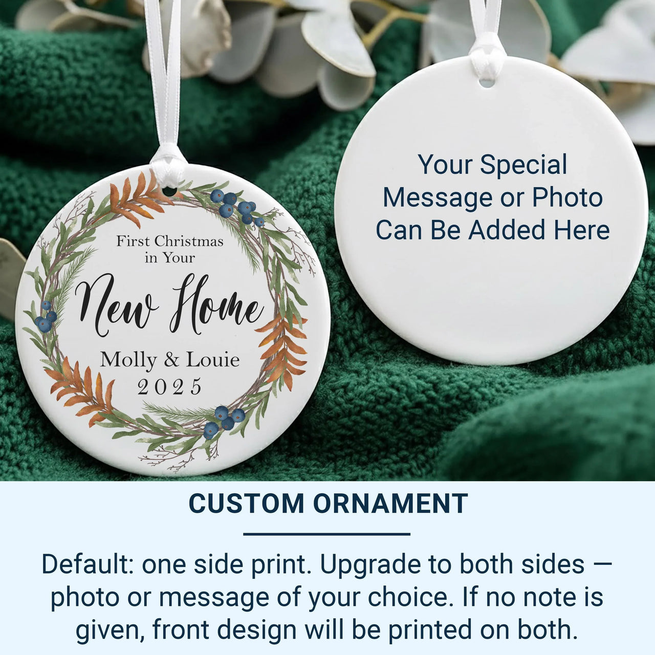 New Home Floral Ornament - First Christmas Keepsake with Wreath & Names for Couples