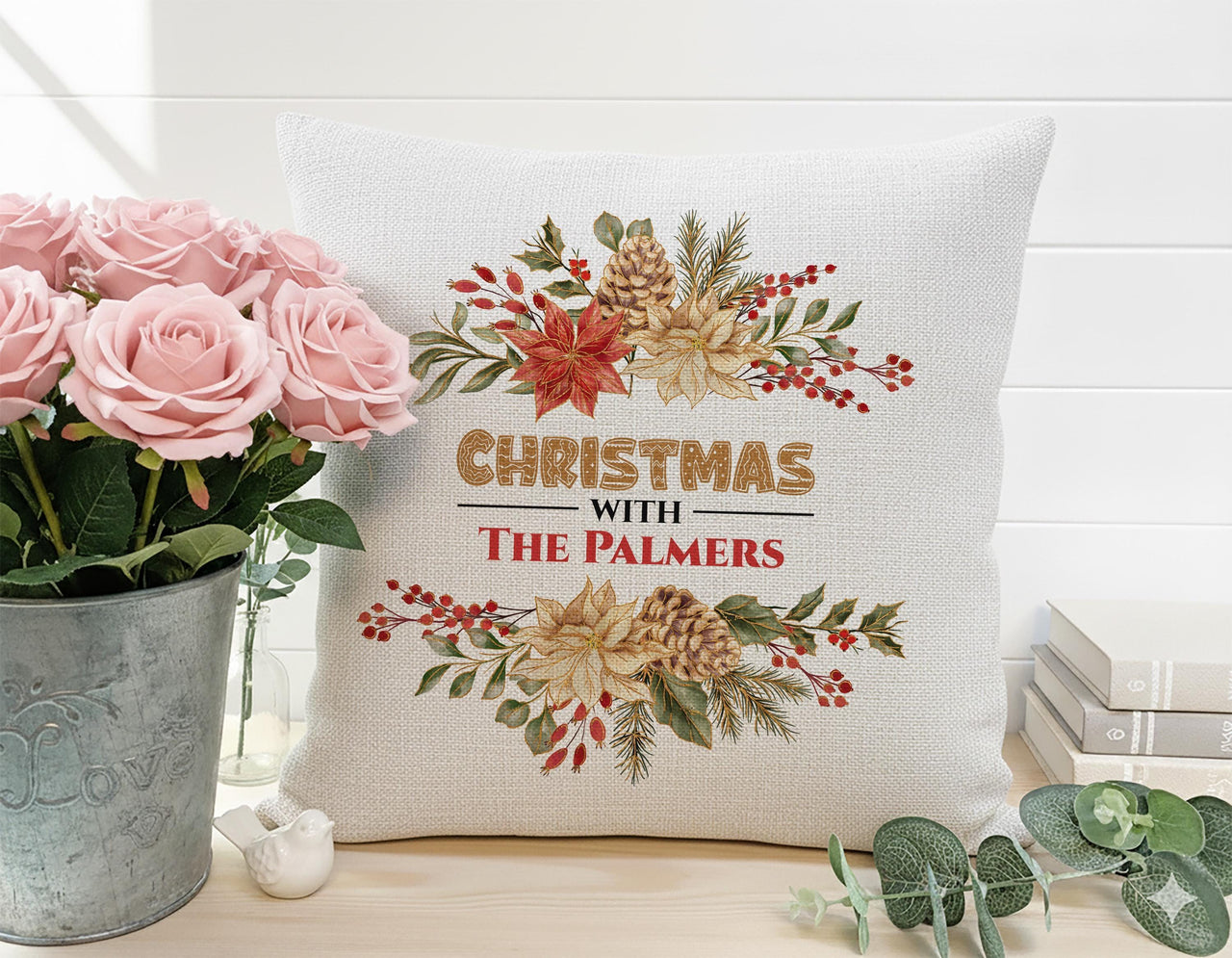 Personalised Family Christmas Cushion - Festive Pinecones & Berries with Family Name