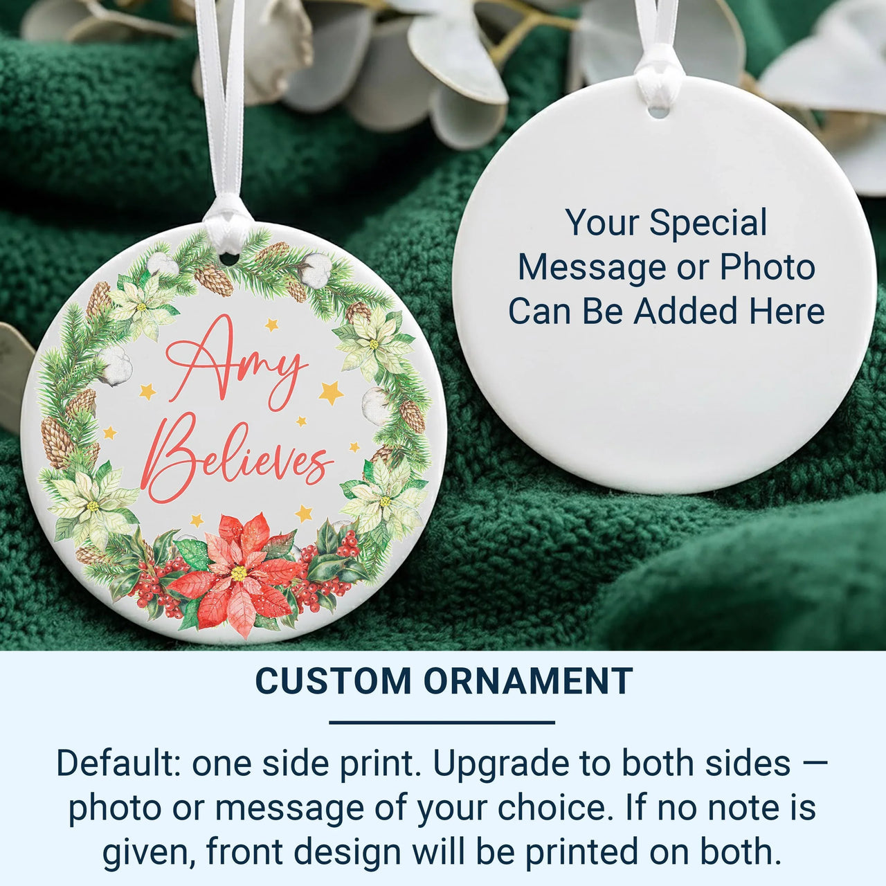 Christmas Believes Ornament - Poinsettia Wreath Keepsake with Name