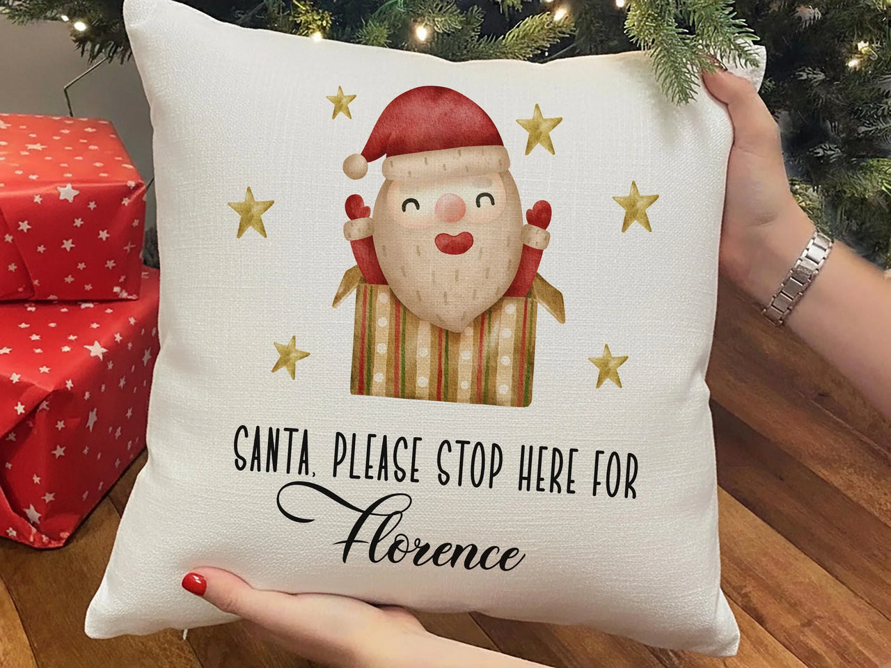 Personalised Santa Cushion - Playful Stars Design with Child's Name