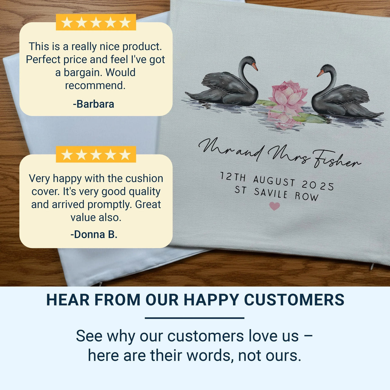 Personalised Wedding Cushion – Romantic Swan Motif Pillow | Custom Couple Gift DENMARY