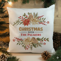 Personalised Family Christmas Cushion - Festive Pinecones & Berries with Family Name