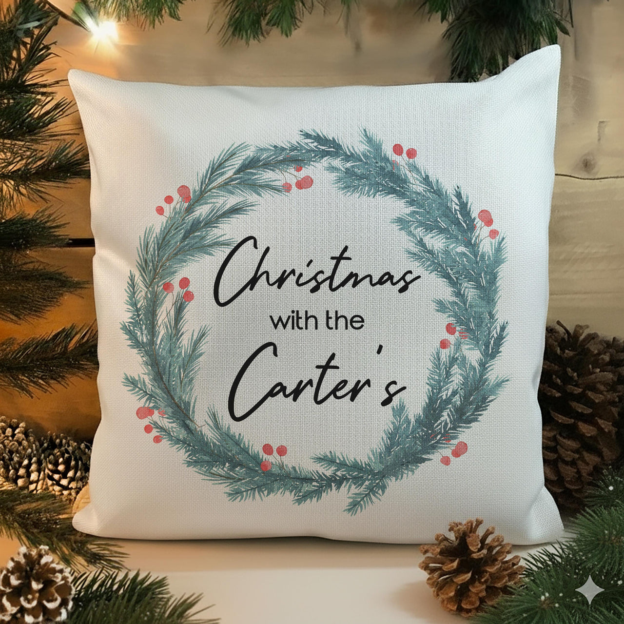 Personalised Christmas Wreath Cushion - Festive Holiday Keepsake with Family Name