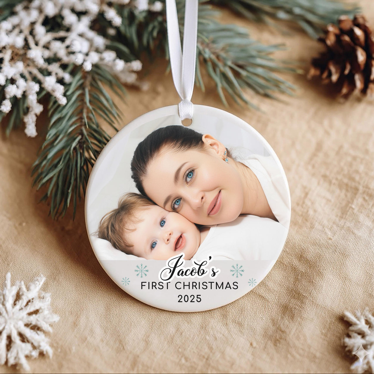Baby's First Christmas Photo Ornament - Personalised Ceramic Decoration - Unique Family Gift Idea - New Baby Christmas Tree Ornament