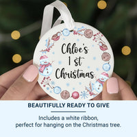 Baby First Christmas Ornament - Personalised Baby Name Keepsake With Snowmen & Holly