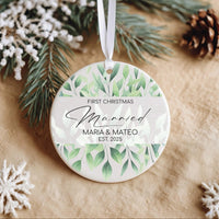 First Christmas Married Ornament - Leafy Keepsake with Names & Year for Newlyweds