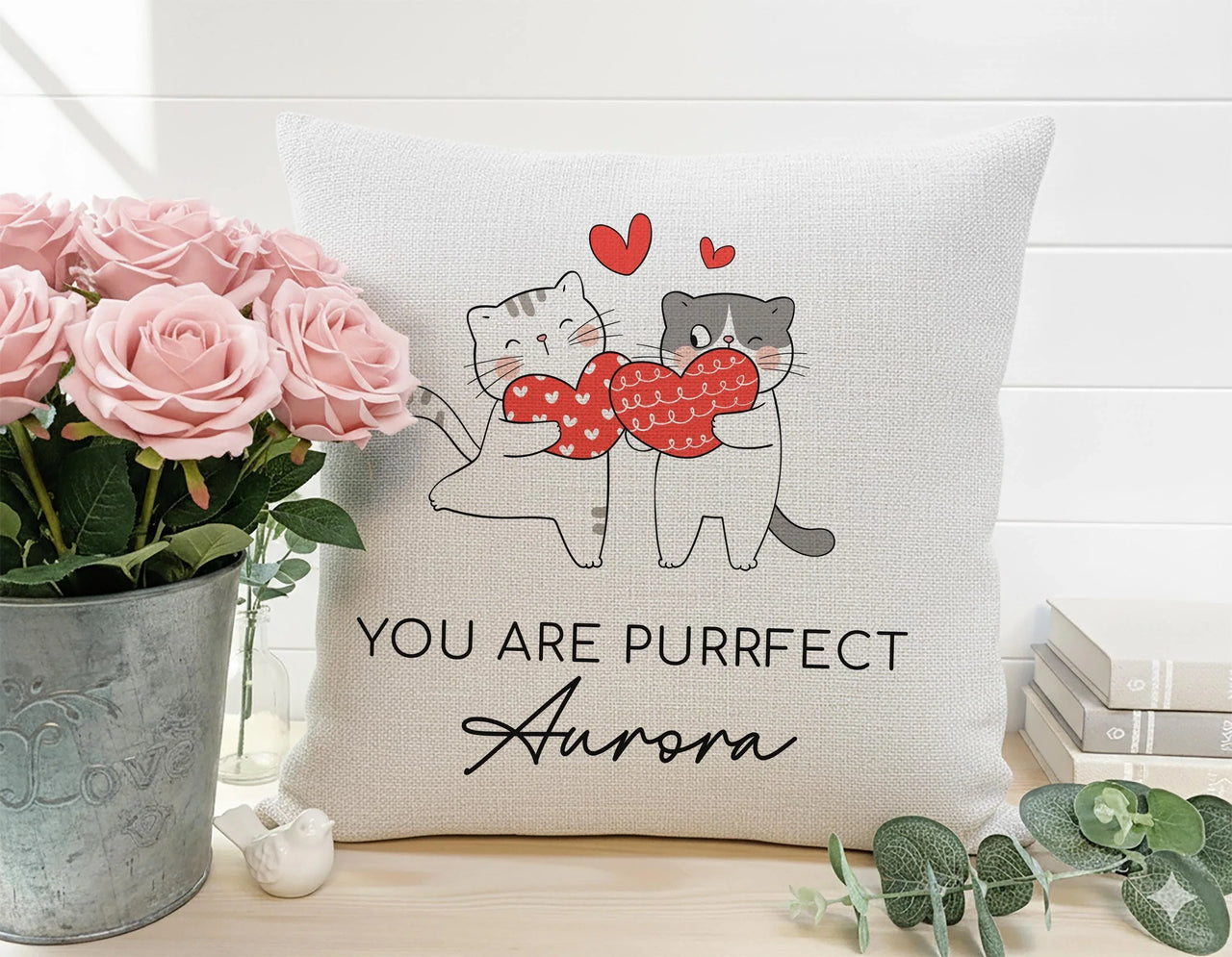 Personalised Cat Cushion – Custom Name Cushion | Romantic Cat Pillow Gift DENMARY