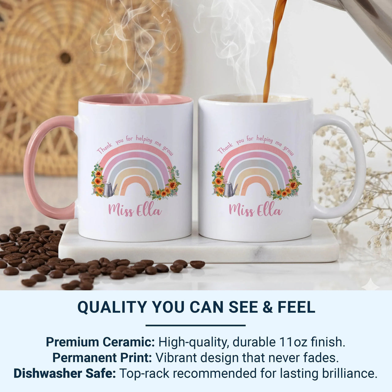 Thank You Teacher Mug – Personalised Rainbow & Sunflower Gift With Name