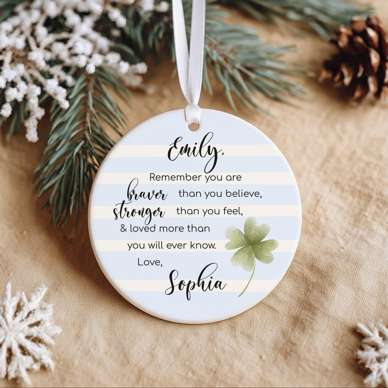 Motivational Ornament - Clover Keepsake with Quote for Encouragement & Friendship