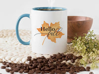 Hello Fall Mug – Autumn Coffee Mug with Orange Maple Leaf & Elegant Script