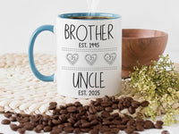 Brother to Uncle Mug - EST. Dates Personalised with Heart Icons - New Uncle and Pregnancy Reveal Gift