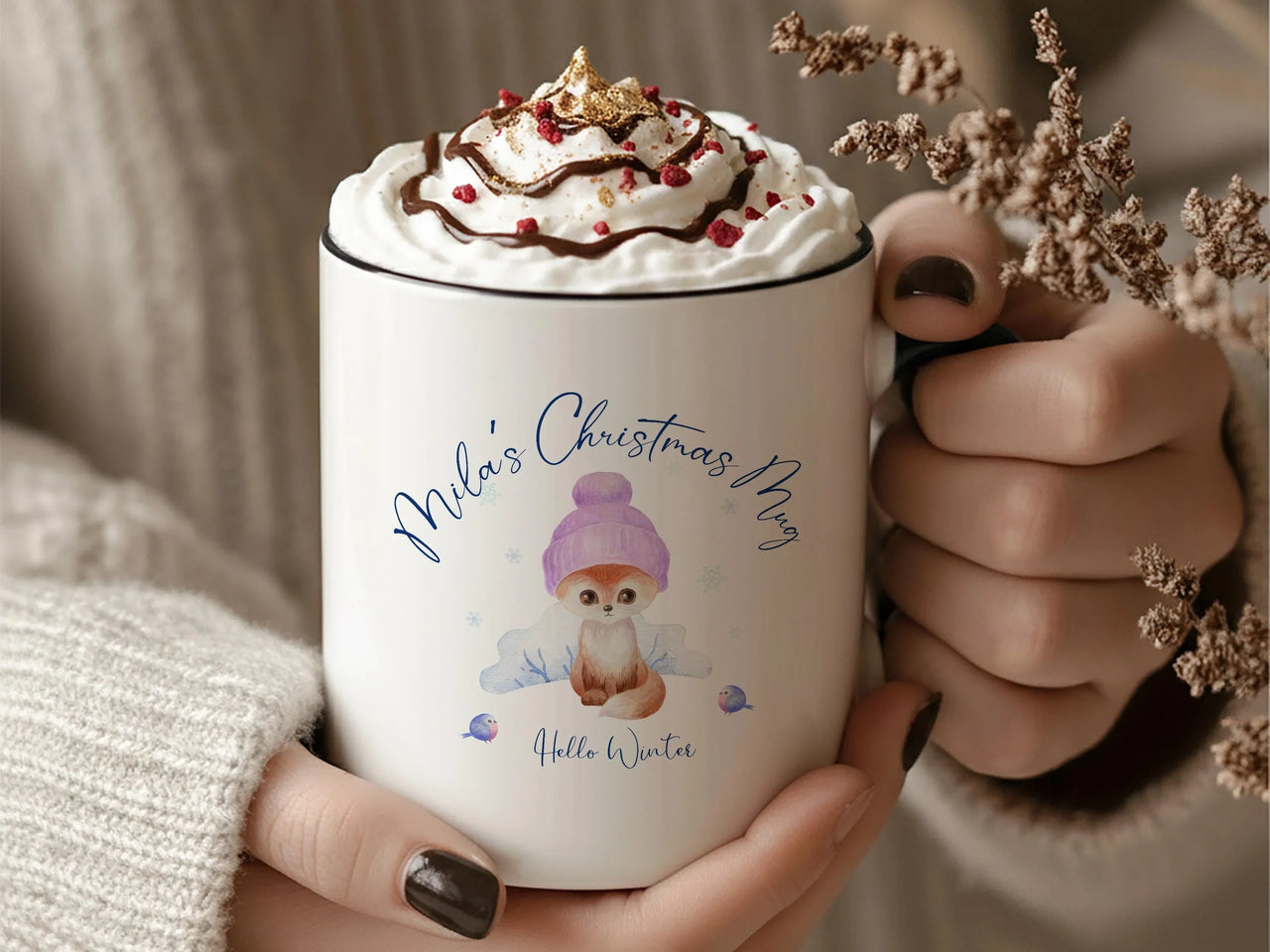 Personalised Christmas Mug – Kids Winter Holiday Mug with Hello Winter Design