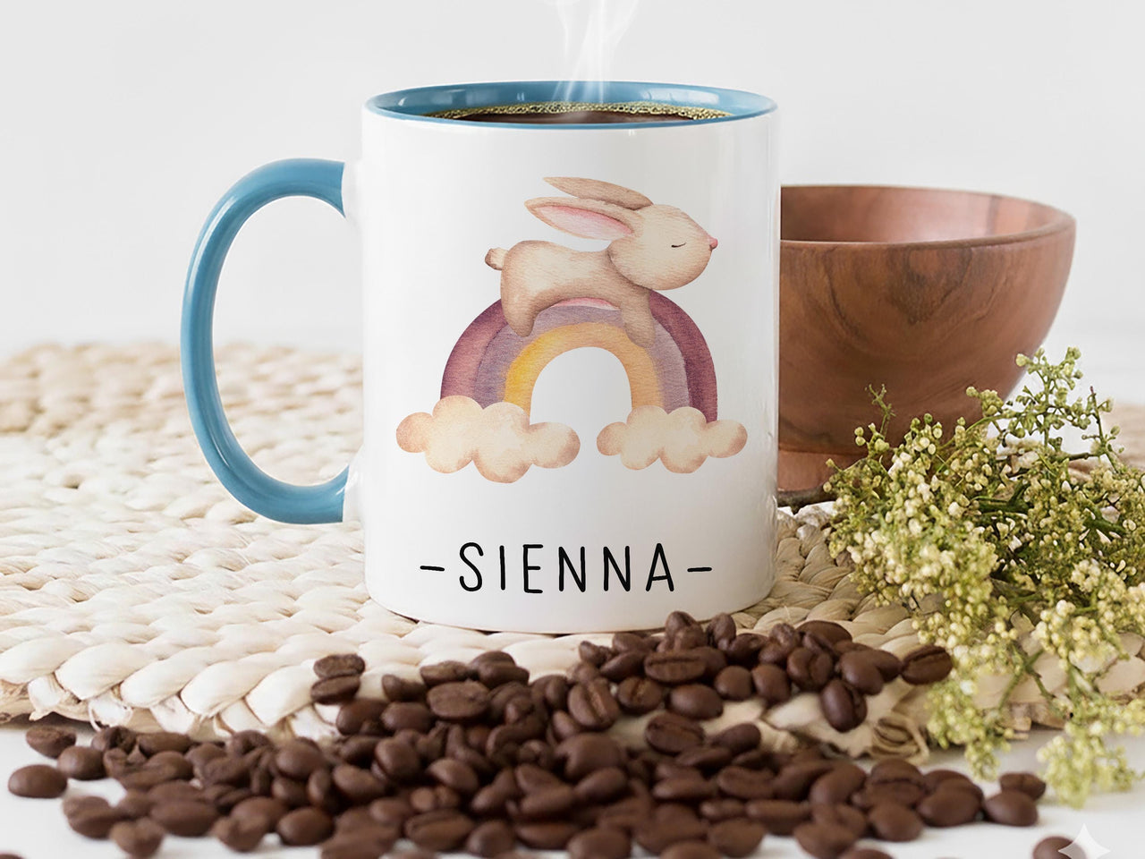 Personalised Baby Name Mug – Rainbow Bunny with Script Name – New Mum Nursery Keepsake, Baby Shower and Christening Gift