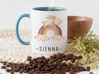 Personalised Baby Name Mug – Rainbow Bunny with Script Name – New Mum Nursery Keepsake, Baby Shower and Christening Gift