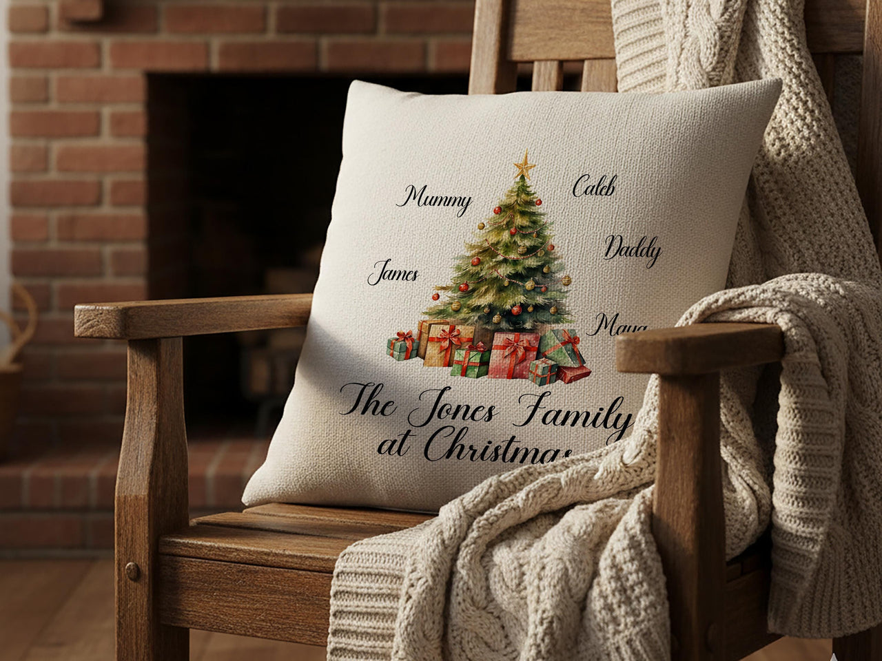 Family Christmas Cushion Cover - Personalised Christmas Pillow with Xmas Tree Design - Unique Christmas Home Decor Gift