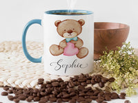 Personalised Baby Name Mug – Watercolour Teddy Bear with Heart and Script Name – New Mum, Baby Shower and Christening Gift