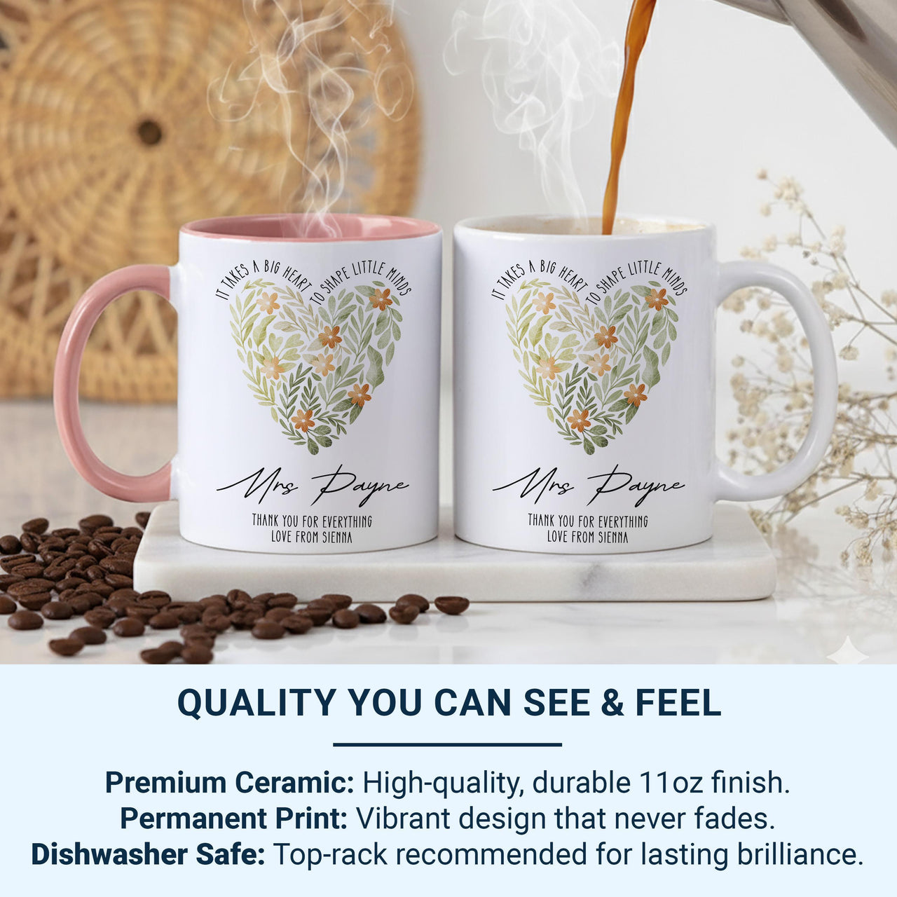 It Takes a Big Heart to Shape Little Minds Mug – Personalised Teacher Surname and Child’s Note – Emotional End of Term Thank_You