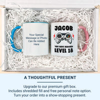 You Have Reached Level 18 Mug - Personalised Gamer Birthday Gift - Custom Name and Age Gaming Design