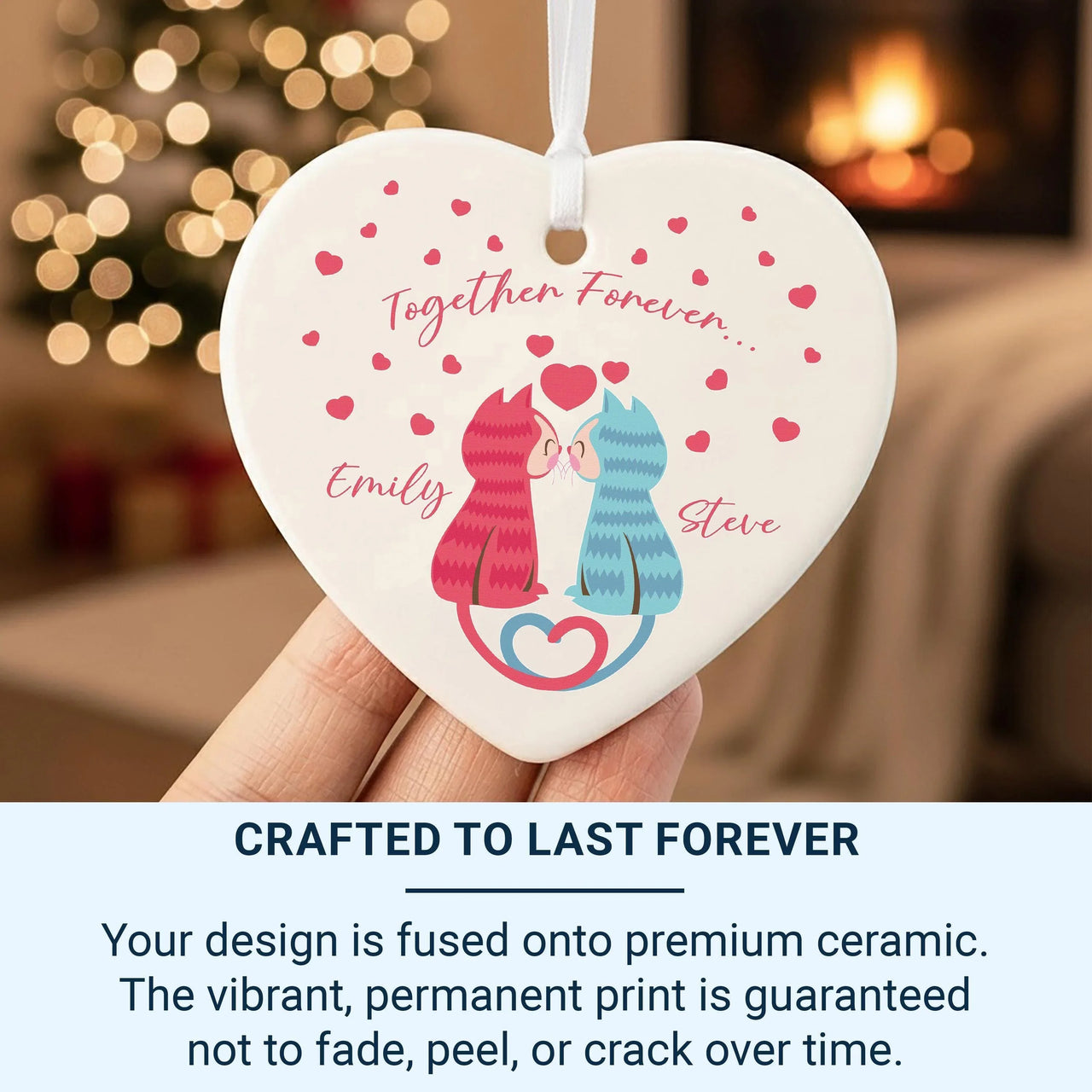 Cat Couple Heart Ornament - Together Forever Keepsake with Names for Lovers