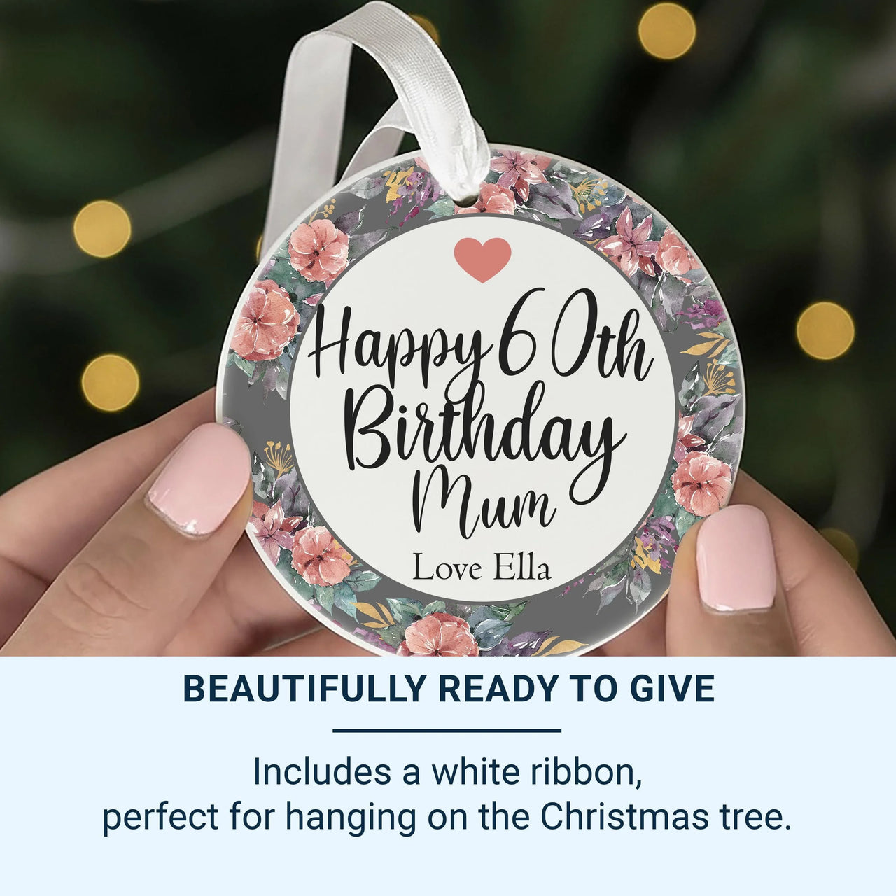 60th Birthday Ornament - Floral Keepsake with Name for Milestone Celebration