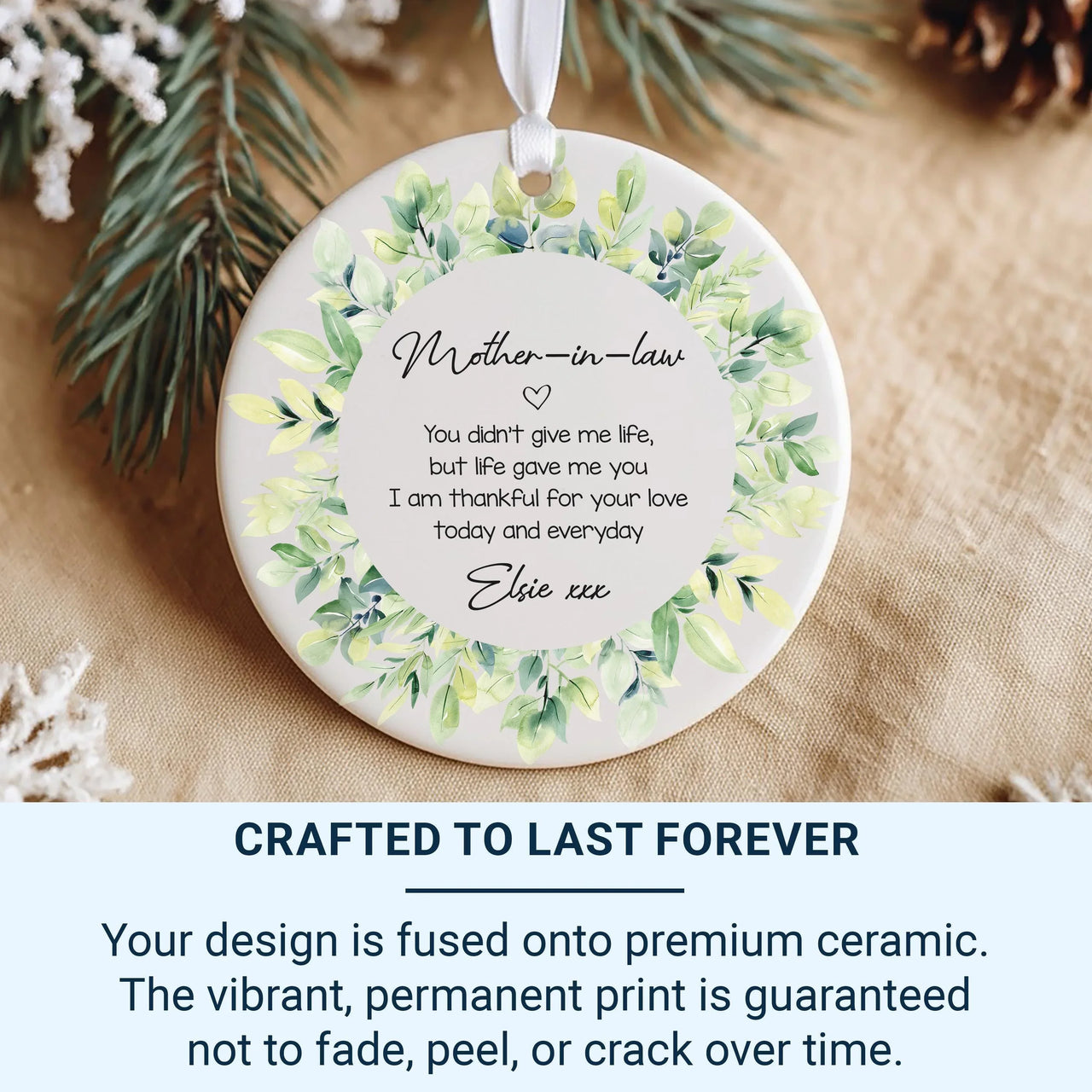 Mother-in-Law Quote Ornament - Leafy Wreath Keepsake with Name & Message