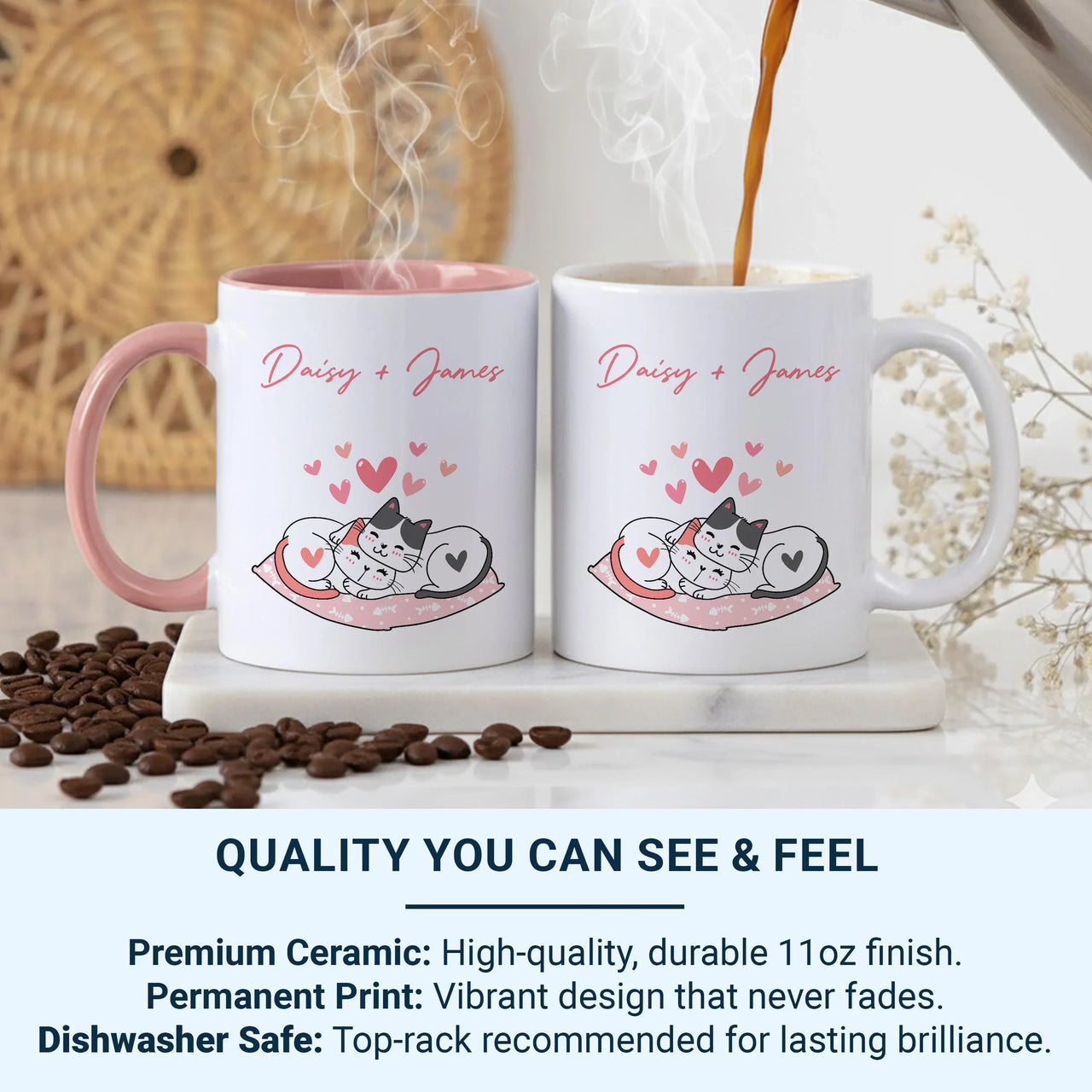 Personalised Couple Cat Mug – Custom Cat Names Heart Pillow | Romantic Anniversary Gift