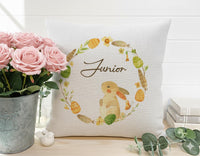 Personalised Easter Bunny Cushion with Name - Watercolour Eggs and Flowers for a Festive Spring Keepsake