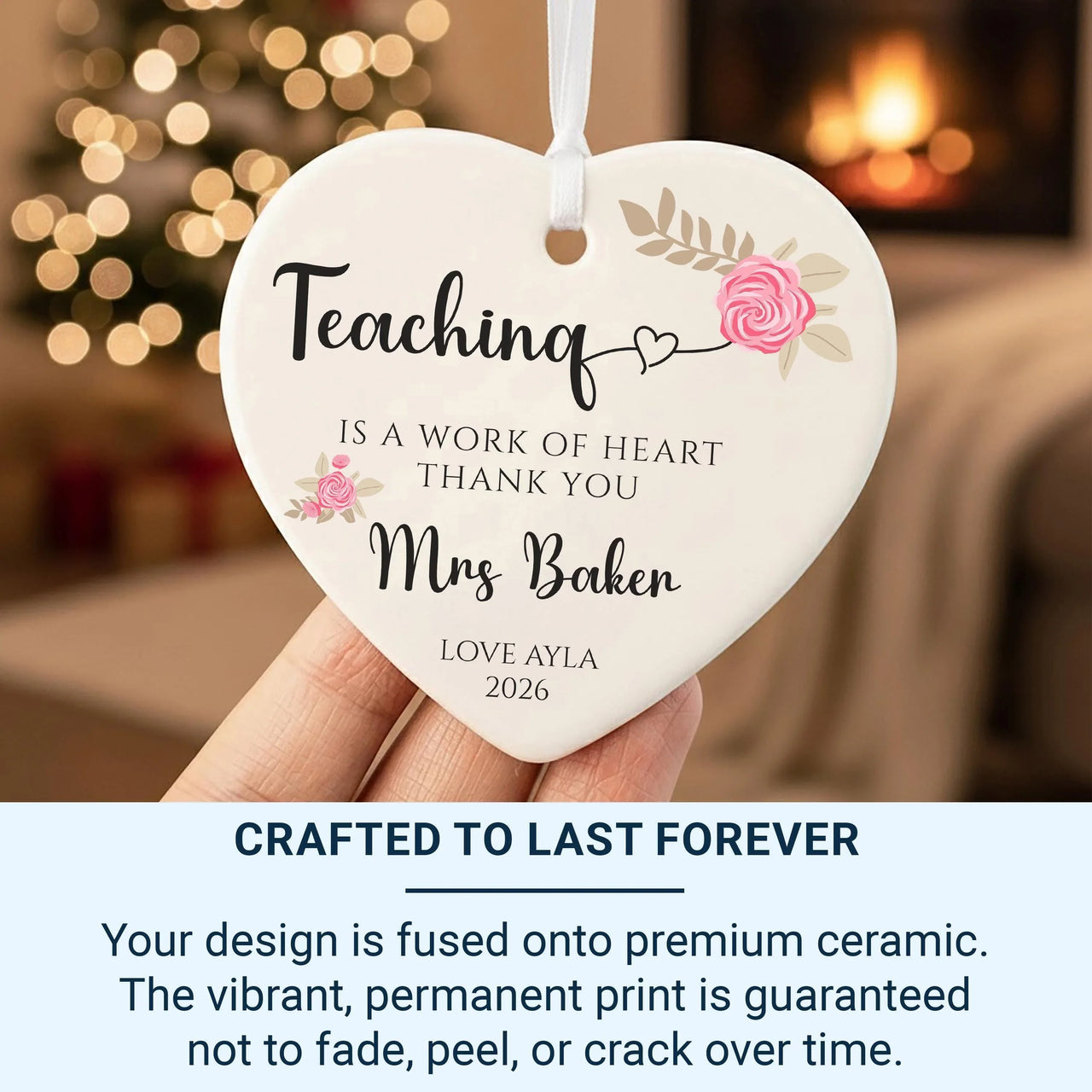 Teacher Heart Ornament 2026 - Floral Thank You Keepsake with Name & Message