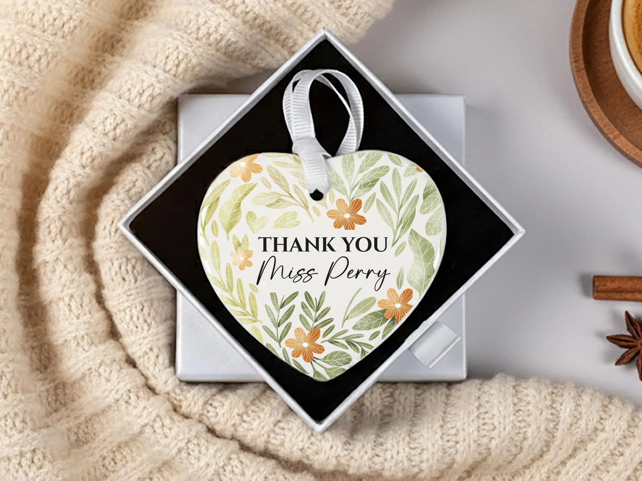 Teacher Heart Ornament - Green Floral Thank You Keepsake with Name DENMARY