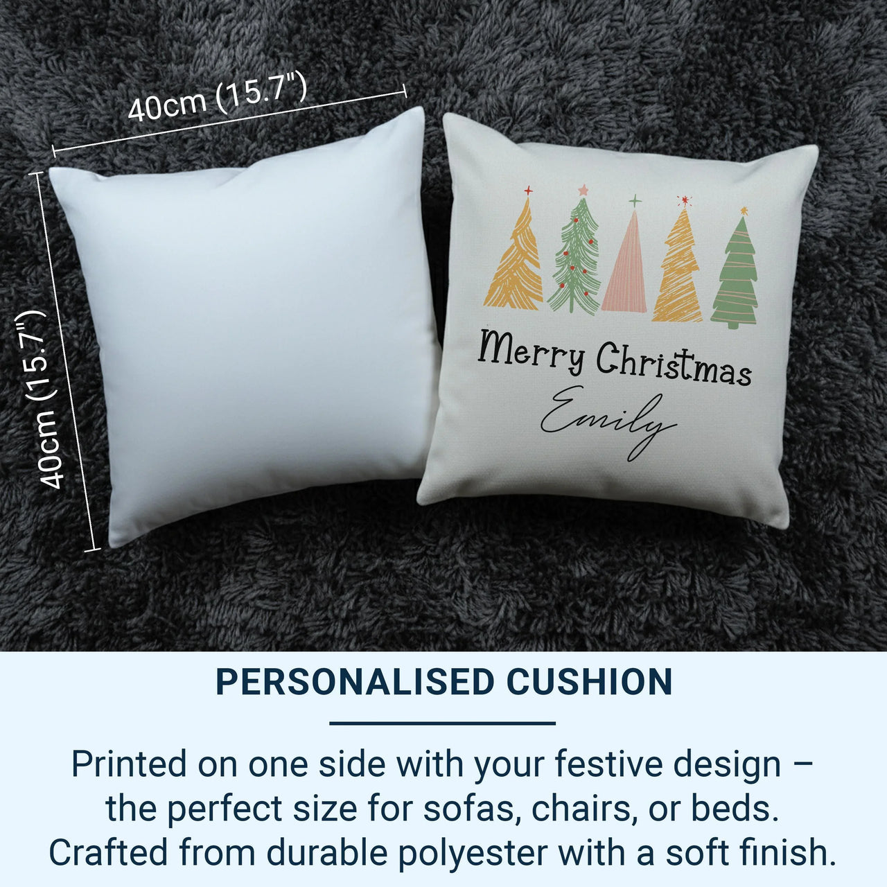Personalised Kids Christmas Cushion – Colourful Tree Pillow with Custom Name | Festive Kids Decor