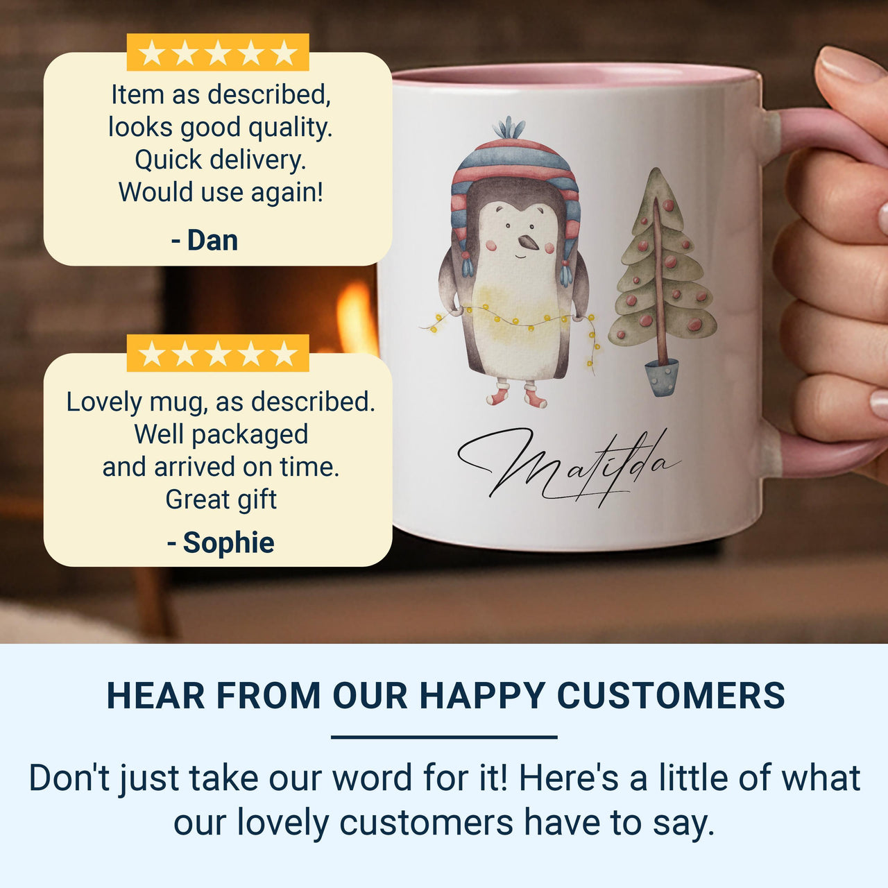 Personalised Christmas Penguin Mug – Name with Fairy Lights and Tree – Kids’ Festive Cocoa Cup and Stocking Filler