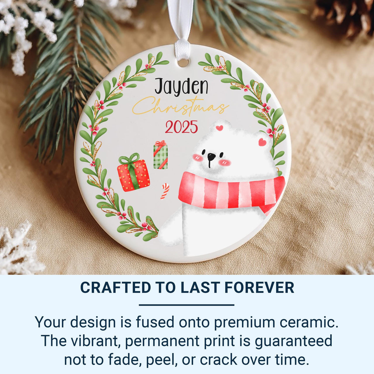 White Bear Xmas Ornament - Baby's First Christmas Keepsake with Name & Year for Family Tree