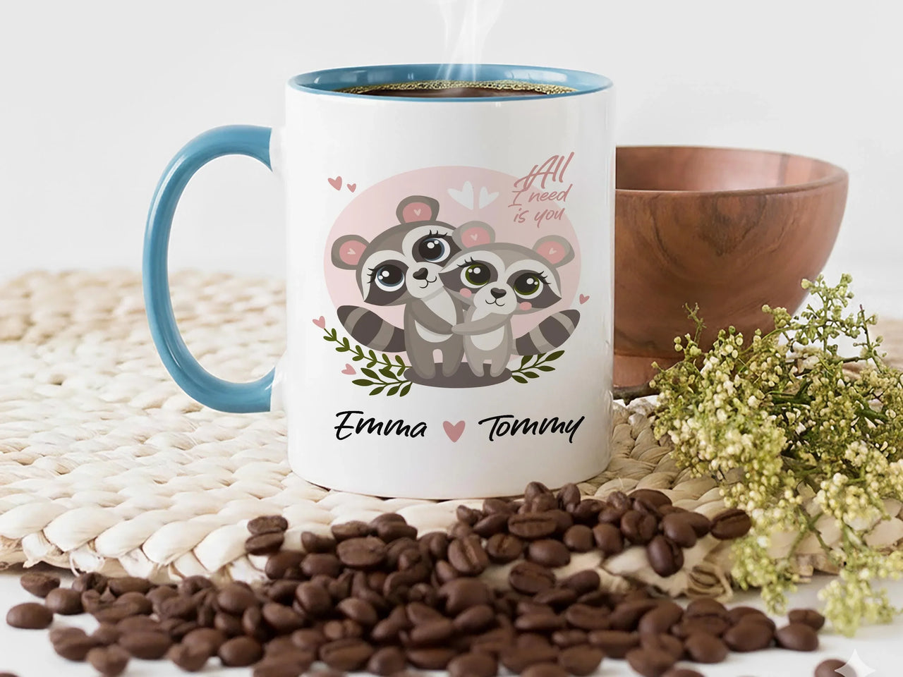 Personalised Couple Mug – Romantic Anniversary Gift with Cuddling Raccoon Design