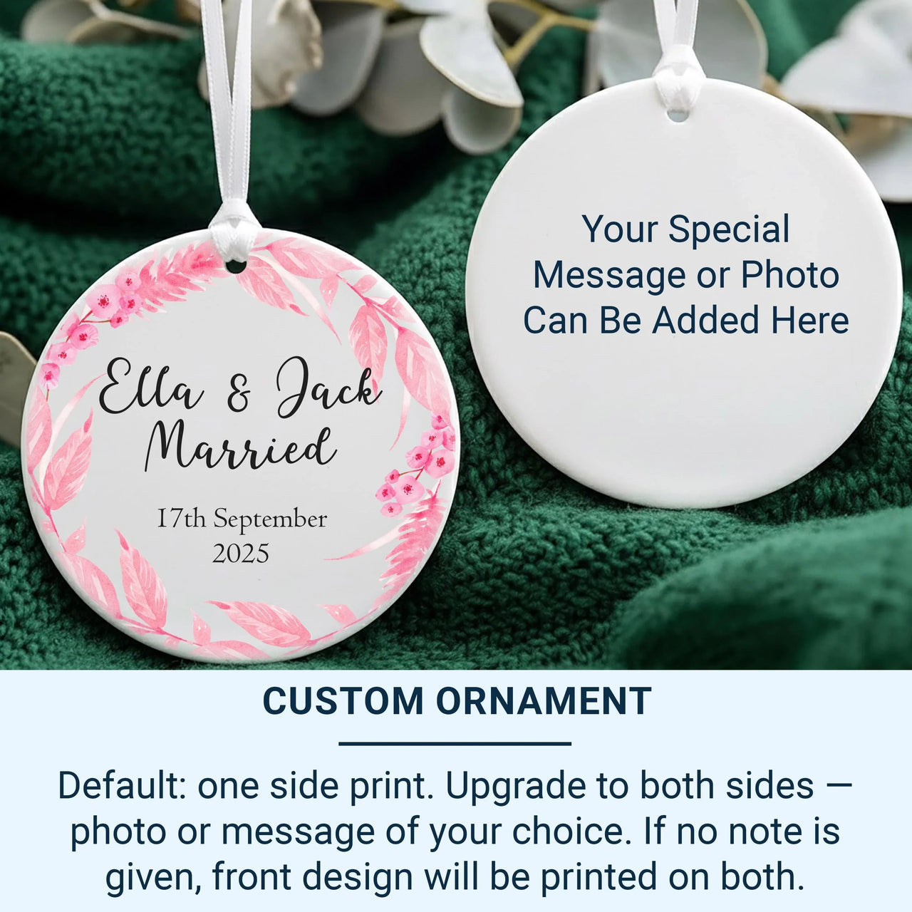 Wedding Day Ornament - Floral Keepsake with Names & Date for Newlywed Couples