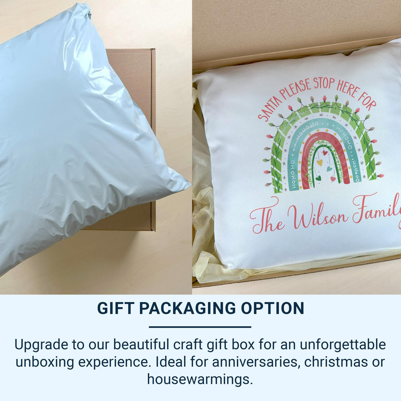 Personalised Rainbow Christmas Cushion - Cheerful Holiday Keepsake with Family Name