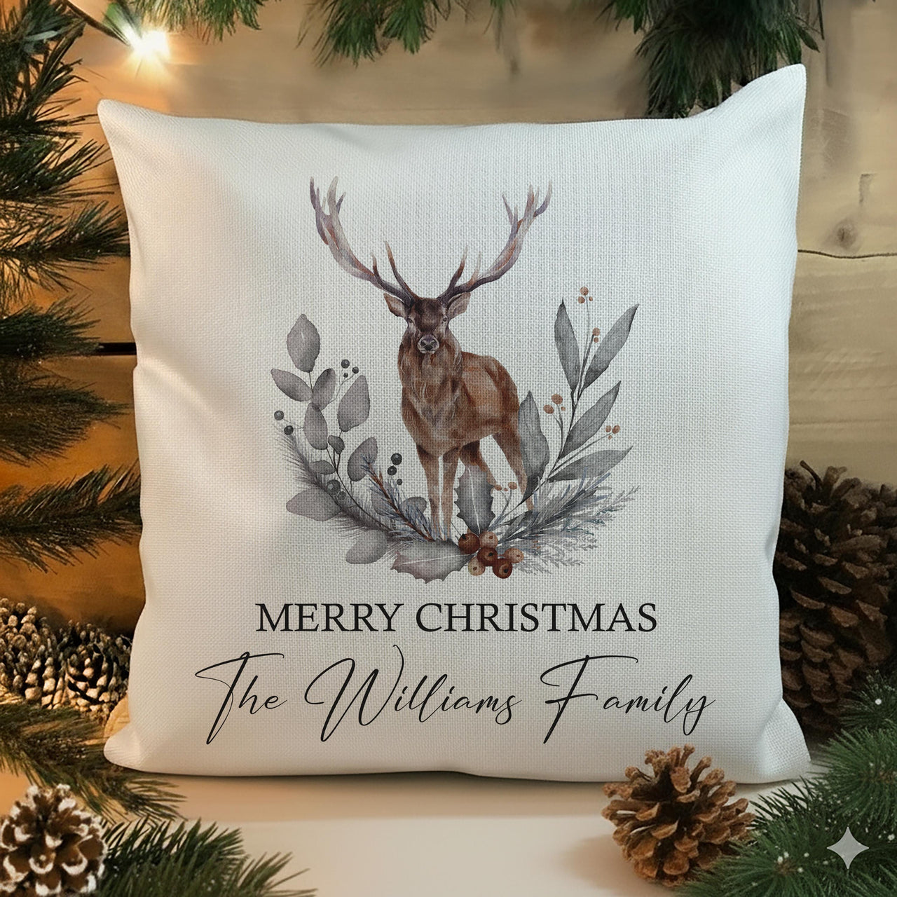Personalised Merry Christmas Cushion with Reindeer | Family Xmas Party Gift | Ideal Present for Kids | Minimalist Winter Home Decoration
