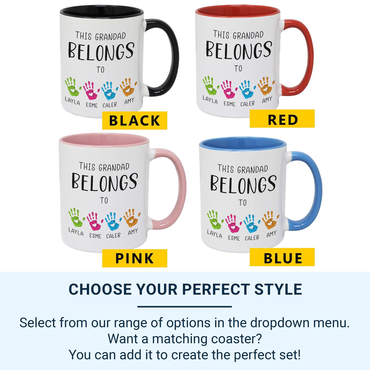 This Grandad Belongs To… Personalised Mug – Grandchildren Handprints and Names – Father’s Day, Birthday and Everyday Grandad Hug