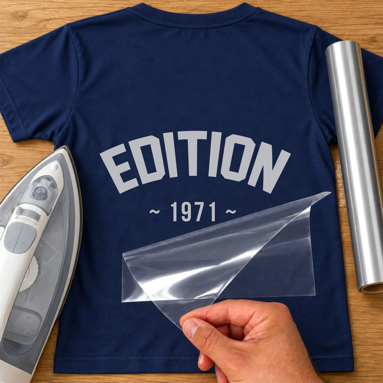 Navy T-shirt with grey arched 'EDITION' and '~ 1971 ~' iron-on transfer, iron and silver vinyl roll