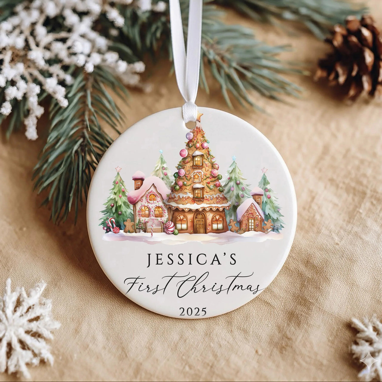 Baby First Christmas Ornament 2025 - Gingerbread House Keepsake with Name