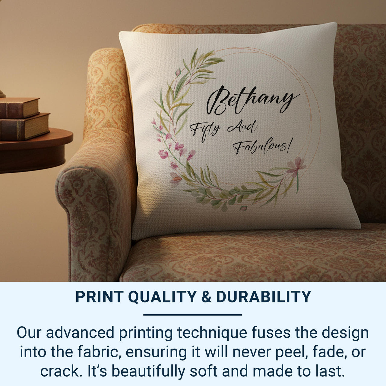 Personalised 50th Birthday Cushion with Floral Wreath - “Fifty and Fabulous” Name Keepsake for Her