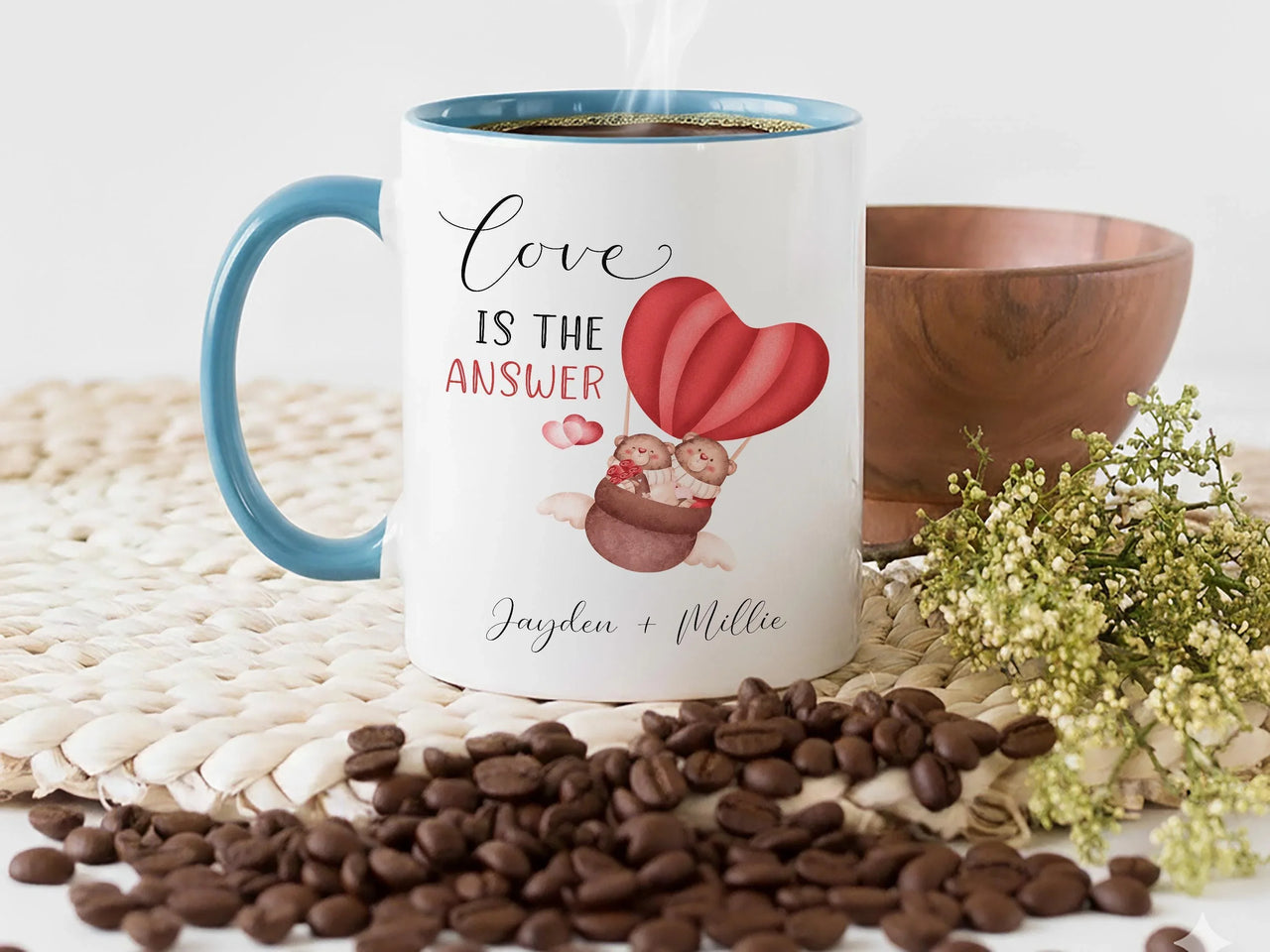 Personalised Couple Mug – Romantic Anniversary Gift with Teddy Bears Heart Balloon Design