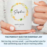 Happy Easter Personalised Name Mug – Floral Egg Wreath with Script and Heart – Kids’ Basket Filler and Spring Morning Cocoa
