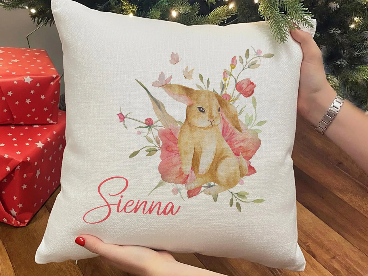 Personalised Bunny Cushion | Custom Name Cushion - Watercolour Flower Pillow
