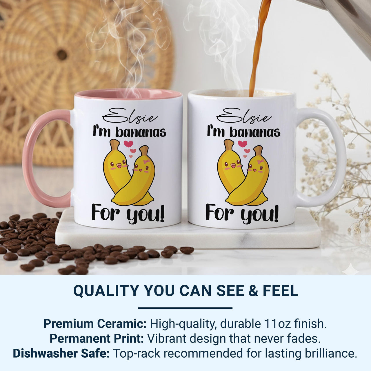 I’m Bananas for You Personalised Mug – Cute Hugging Bananas with Name – Funny Romantic Anniversary and Valentine Gift