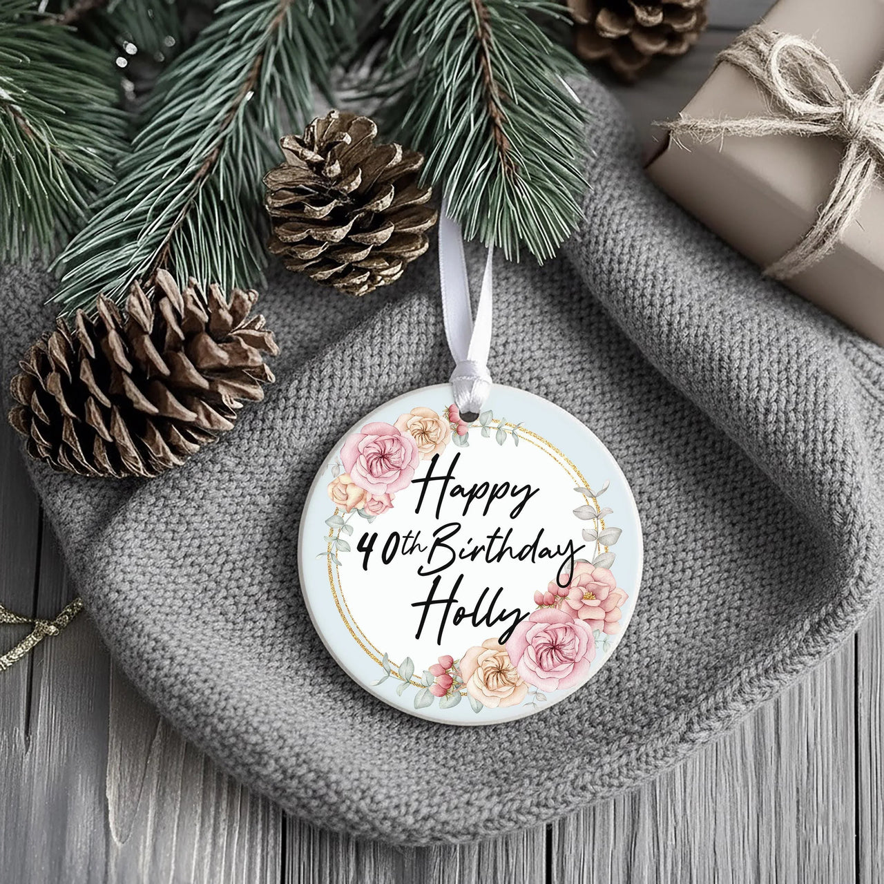 40th Birthday Ornament - Floral Keepsake with Name for Milestone Celebration