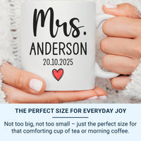 Mrs Mug Personalised with Surname and Wedding Date – Elegant Script with Red Heart – Bride Keepsake Gift