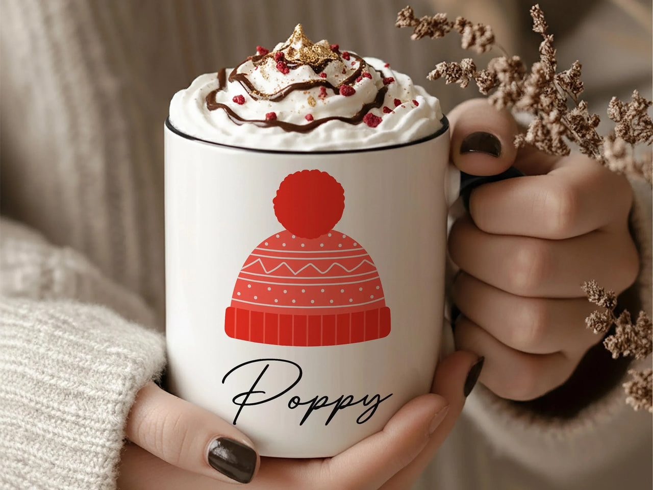 Personalised Winter Hat Mug – Custom Name Ceramic Cocoa Cup with Festive Bobble Beanie