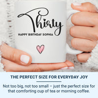 30th Birthday Mug – Personalised Name “Thirty Happy Birthday” Gift with Heart Design – Milestone Keepsake